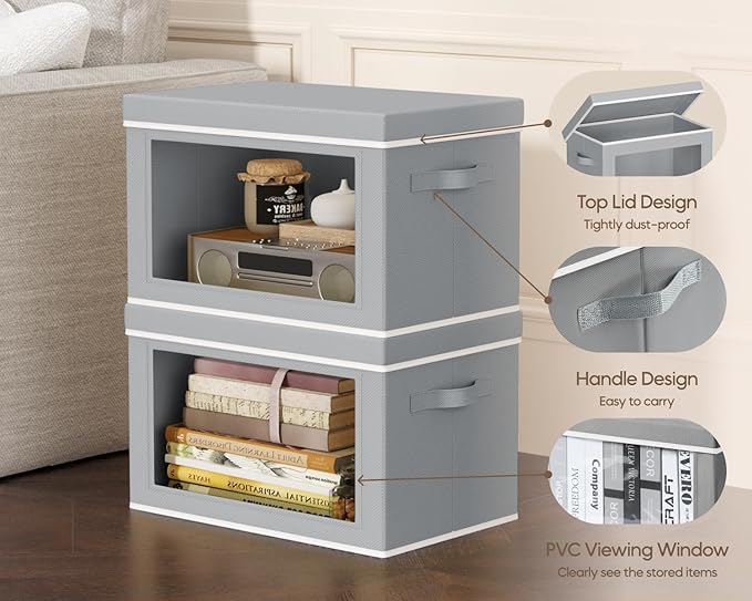 Homsorout Collapsible Storage Bins with Lids - Stackable Storage Containers with Window, 15.7 Inch Fabric Organizing Bins for Closet, Home & Office Organization Baskets, Grey, 3 Pack