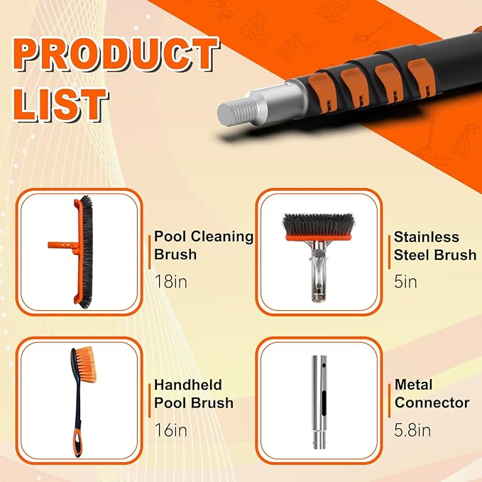 SISIUPASSIE Pool Brush Kit with Pole, Upgrade 18" Pool Brush and High-Efficiency Stainless Steel Bristles Brush with Telescopic Pole for Cleaning Pool Walls, Curved Ends, Tiles & Floors, 12 FT