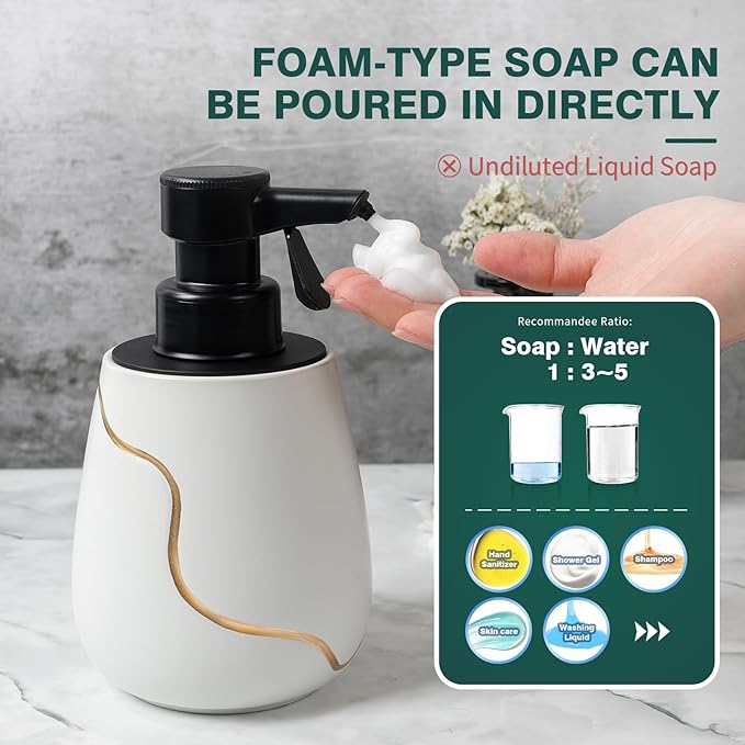 BosilunLife Automatic Foaming Soap Dispenser - Battery Operated Foam Hand Soap Electric Dispenser for Bathroom Ceramic Smart Auto Dish Soap Dispenser for Kitchen Waterproof, White,17 oz