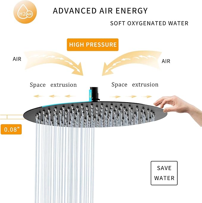 Black Shower Head GGStudy 6 inch Round Rain Shower Heads Stainless Steel High Pressure Ultra Thin Rainfall Bath Shower Self-cleaning Silicone Nozzle