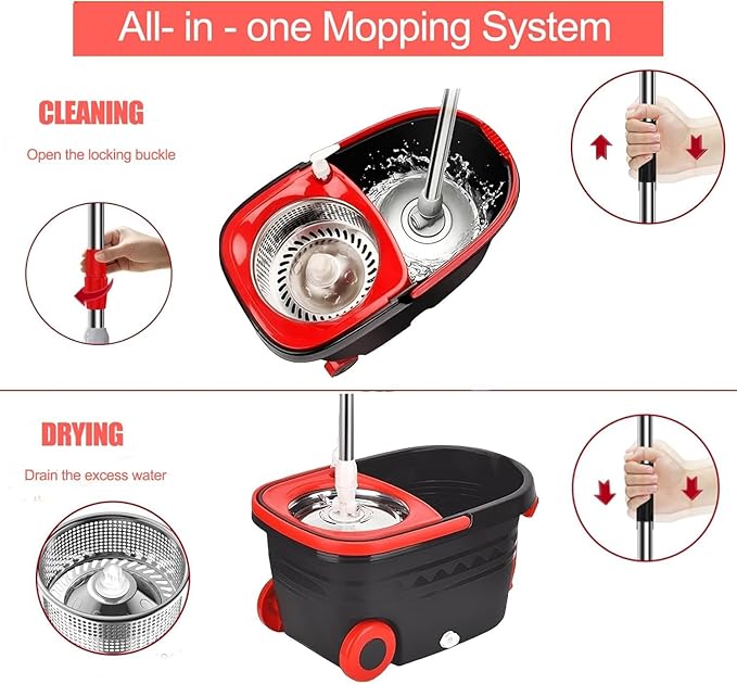 mop and Bucket Set with Wringer - 360° Rotating Mop Bucket Floor Cleaning System on Wheels, 3 Microfiber Mop Refills for Fast Cleaning, Extendable 61"" Stainless Steel Handle, Black&red