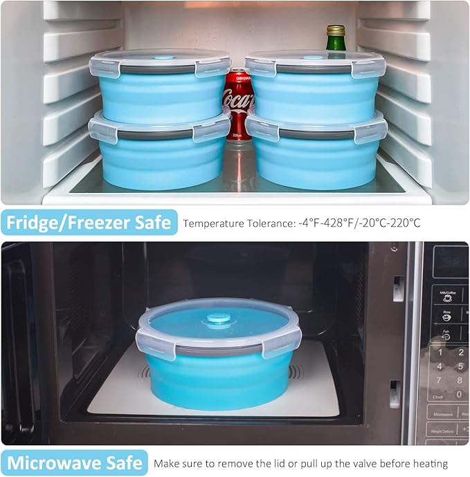 Collapsible Food Storage Containers with Airtight Lid & Vent, 40.5 oz, Kitchen Stacking Silicone Collapsible Meal Container Set for Leftover