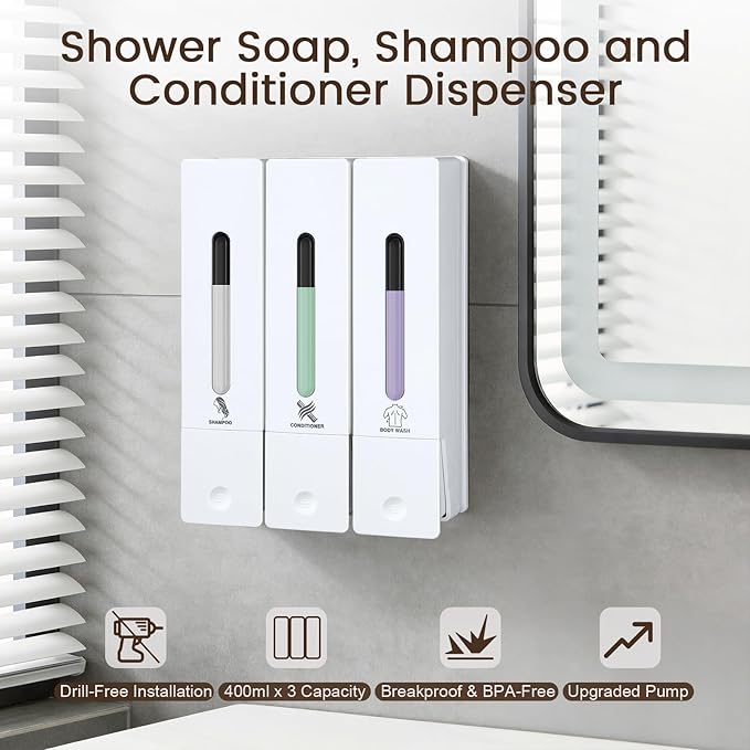 3 Chamber Shampoo and Conditioner Dispenser, No Drill - Wall Mounted Shower Soap Dispenser, Refillable Body Wash Dispenser Set 3, 1200ML Capacity, for Bathroom & Hotel, White