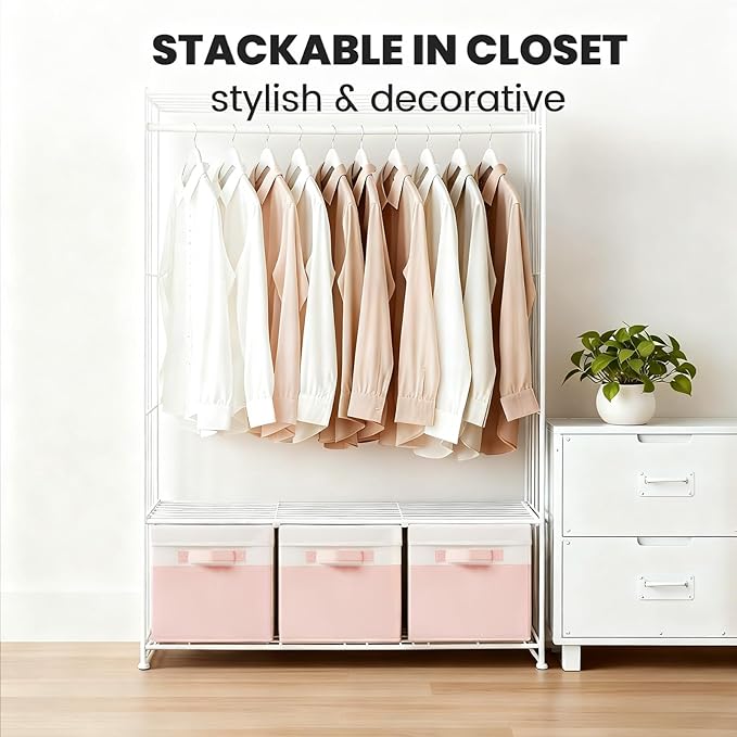 Large Closet Organizer Bins with Lids 8 Pack - Pink Storage Baskets for Shelves Nursery Bedroom Dorm RV