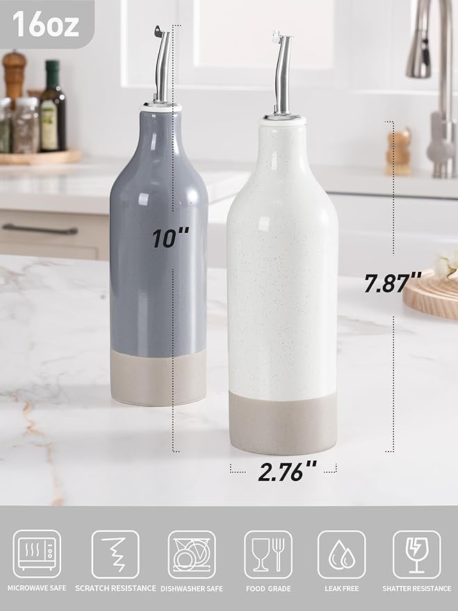 famiware Milkyway 16oz Ceramic Olive Oil Dispenser Bottle, Olive Oil and Vinegar Dispenser Bottle Set of 2 with Stainless Steel Pourers, Suitable for Storage Vinegar, Liquids, White and Dark Gray