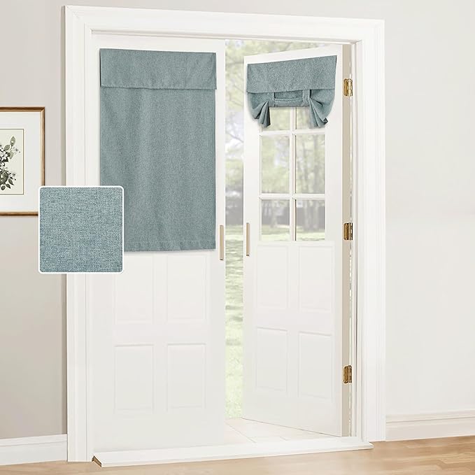 RYB HOME Privacy French Door Curtains, Rich Linen Texture Room Darkening Window Curtains and Drapes Thermal Insulated Tricia Door Blinds for Patio Doorway, W26 x L40 inch, 1 Panel, Stone Blue