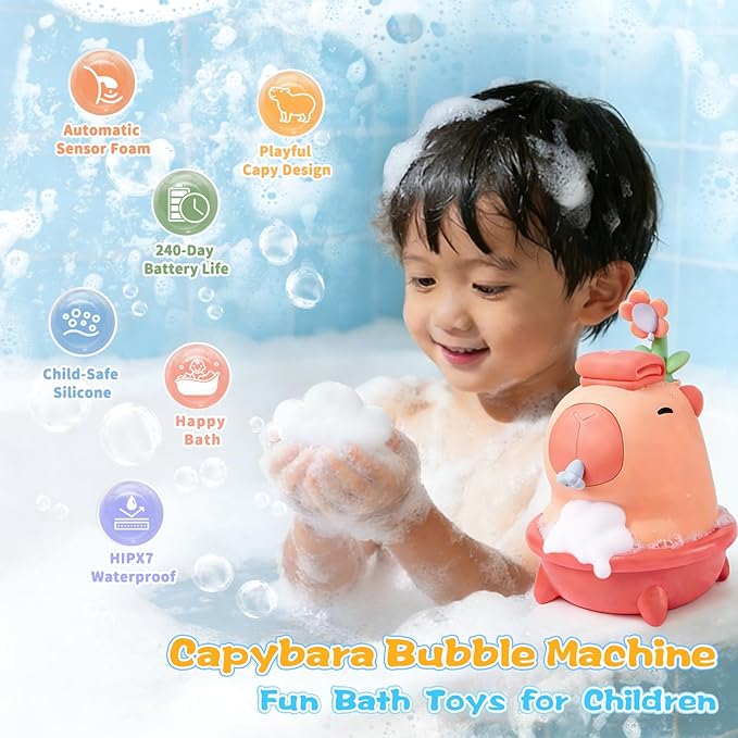 QANYI Automatic Bubble Foam Machine for Kids - Capybara Silicone Touchless Soap Dispenser, IPX7 Waterproof & Rechargeable, Fun Bath Toy to Encourage Child Hygiene from Hand Washing to Bath Time(Pink)