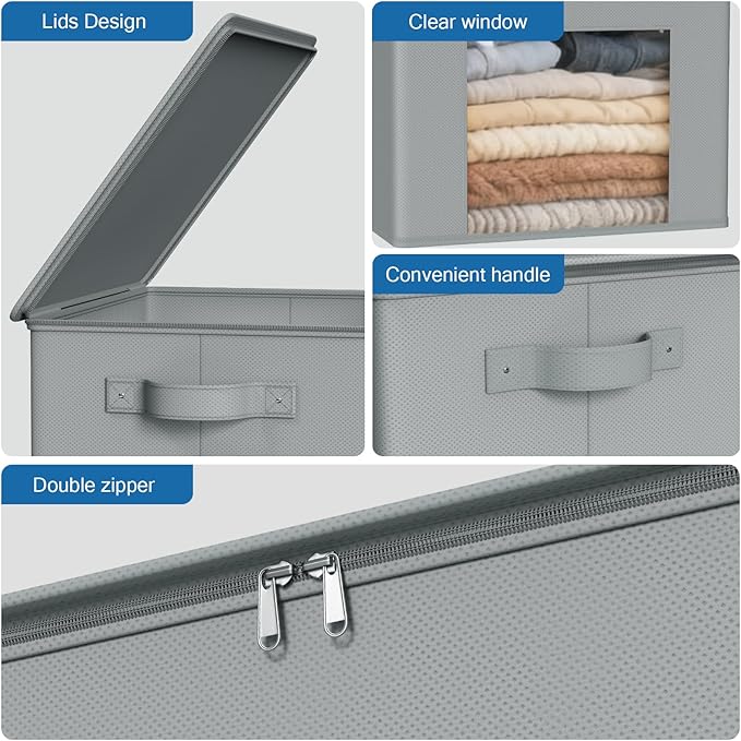 Zilink Fabric Storage Bins with Lid 4-Pack Stackable Closet Storage Bins Sweater Organizer with Zipper & Clear Window Closet Organizers and Storage Box for Home, Bedroom (Light Grey,17" x 12" x 12")