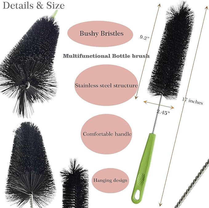 17 Inches Extra Long Handle Bottle Cleaning Brush for Narrow Neck Wine, Beer Bottle, Sport Bottles, Baby Bottles, deep Cups, Vase, Thermos, Glass