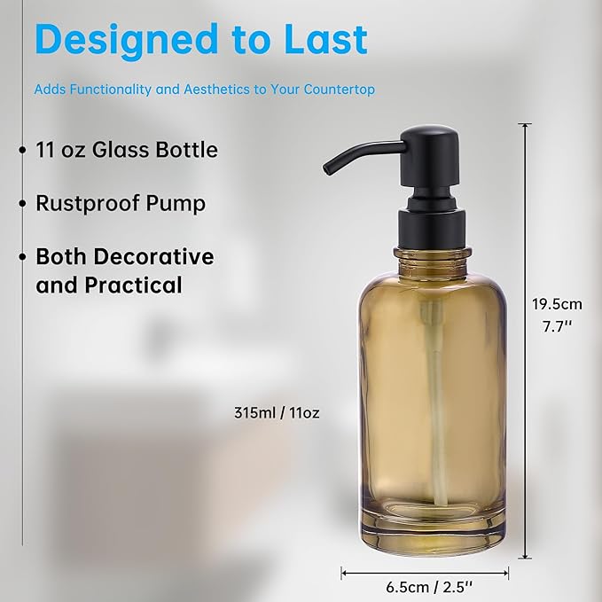 Glass Soap Dispenser Light Amber with Black Pump, 11 OZ Liquid Soap Dispenser Cylindrical Bottle with Stainless Steel Pump for Dish Hand Soap Bathroom Kitchen Vanity Countertop