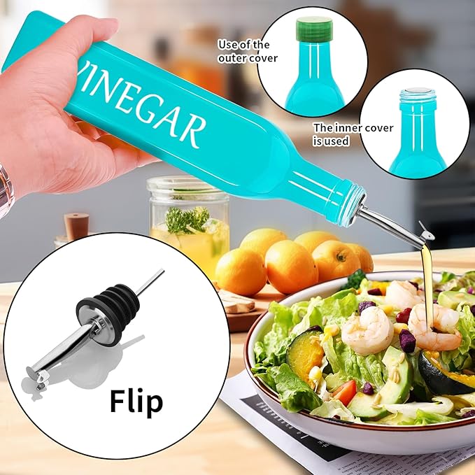 1 Pc 17oz Olive Dispenser Bottle,500ml Glass Oil and Vinegar Dispenser Set with 1 Stainless Steel Pourers,Funnel Bottles for Kitchen (Turquoise Vinegar)