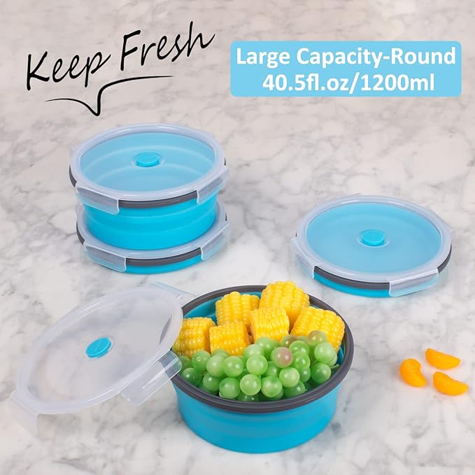 Collapsible Food Storage Containers with Airtight Lid & Vent, 40.5 oz, Kitchen Stacking Silicone Collapsible Meal Container Set for Leftover