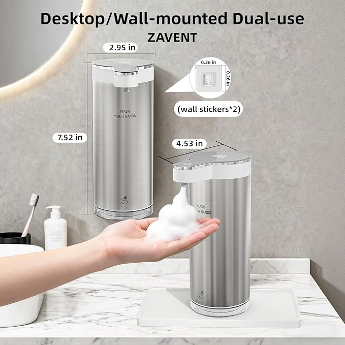 ZAVENT™ Touchless Automatic Soap Dispenser with Compact Black & White Organizer Tray for Kitchen & Bathroom Countertop, Stainless Steel Sensor Dispenser, Modern Design