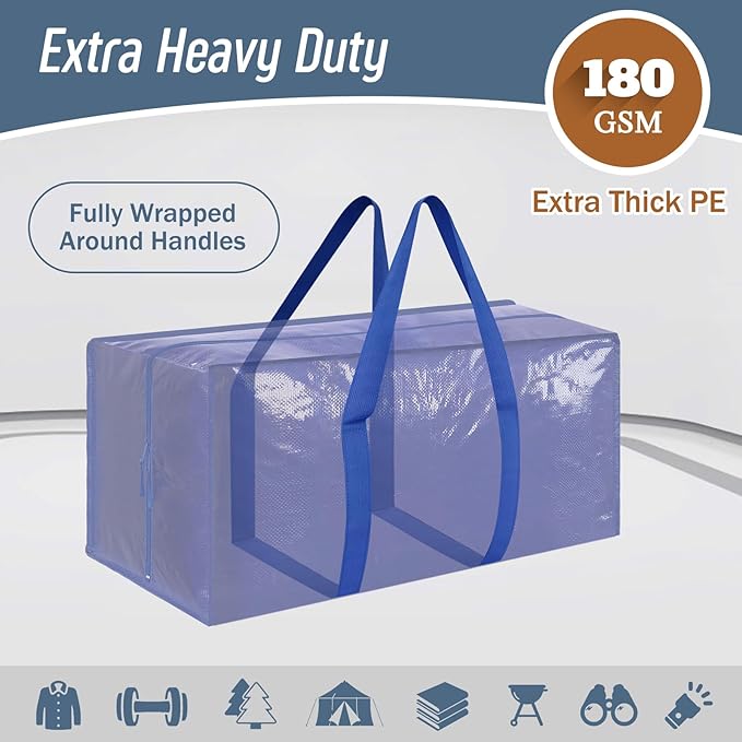 6 Pack Extra Heavy Duty Large Moving Bags with Strong Zipper & Comfortable, Blue
