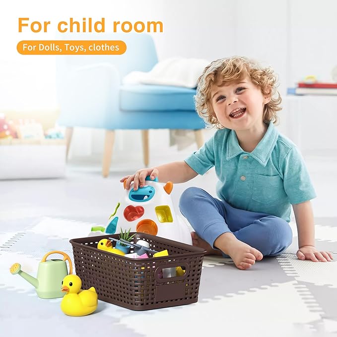 Brown Plastic Storage Baskets - Pack of 8 with Labels Stackable Durable Storage Bins, Storage Containers for Organizing Desktops, Closets, Playrooms