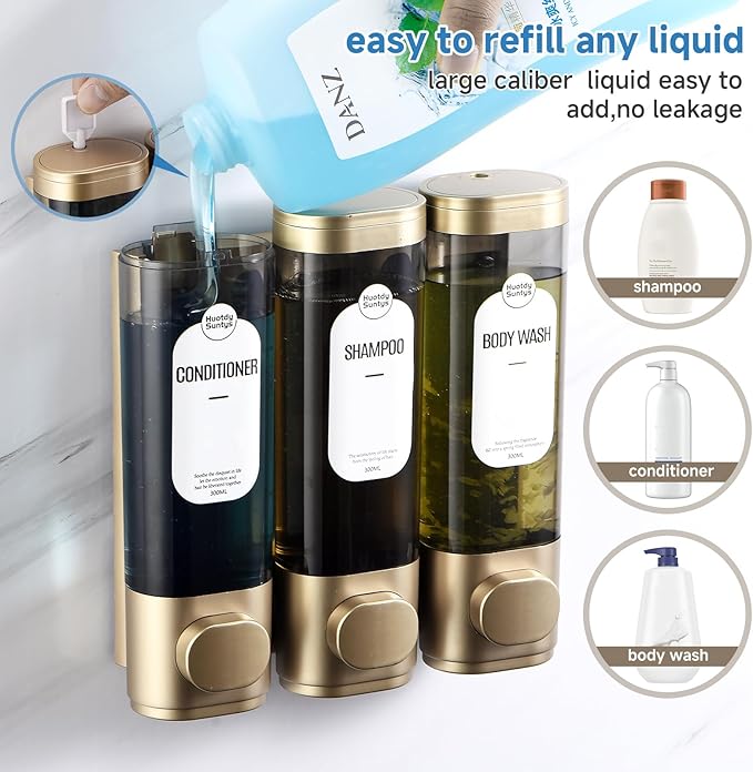 Shampoo and Conditioner Dispenser, Refillabe Shower Soap Dispensers 3 Chamber No Drill Shampoo Dispenser for Shower Wall Mounted 3 * 300ml Container for Bathroom Hotel (Bronze Gold 3 Chamber)