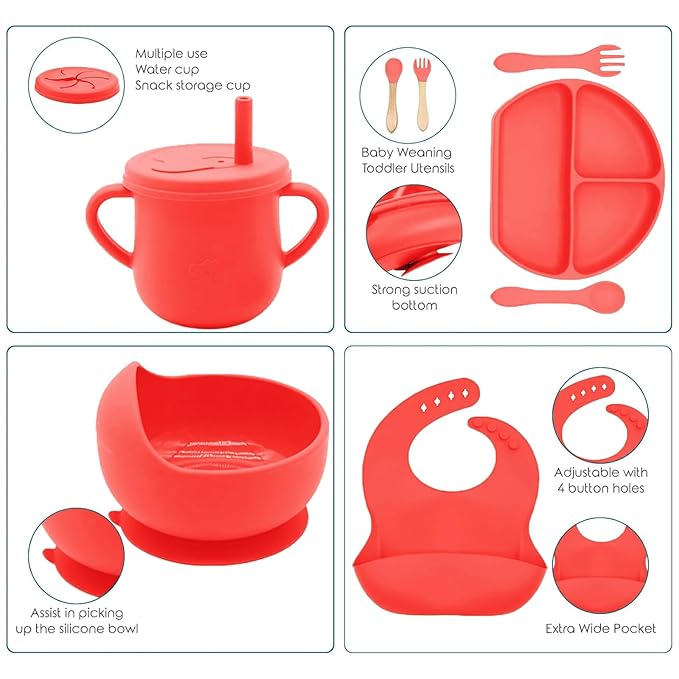 100% Silicone baby feeding set,BPA free Baby dishes set with Suction Bowl Divided Plate,Toddler Self Feeding Dish Set with Spoons Forks Sippy Cup And Bib, Baby Eating Utensils (Scarlet)