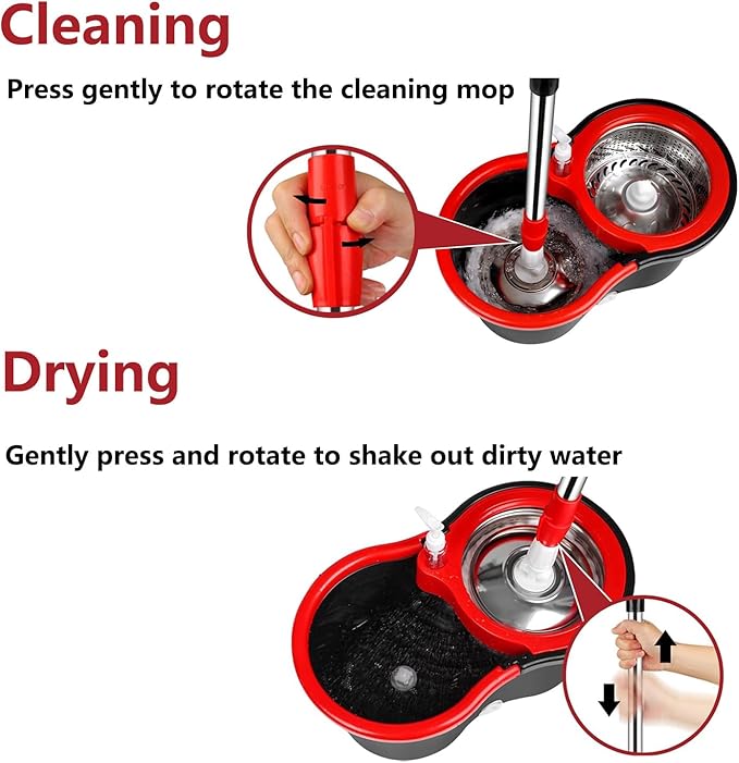 Spin Mop and Bucket Set, 360 Spin Mop and Bucket Stainless Steel,Floor Cleaning System,with 3 Replacement Heads (Black-1)