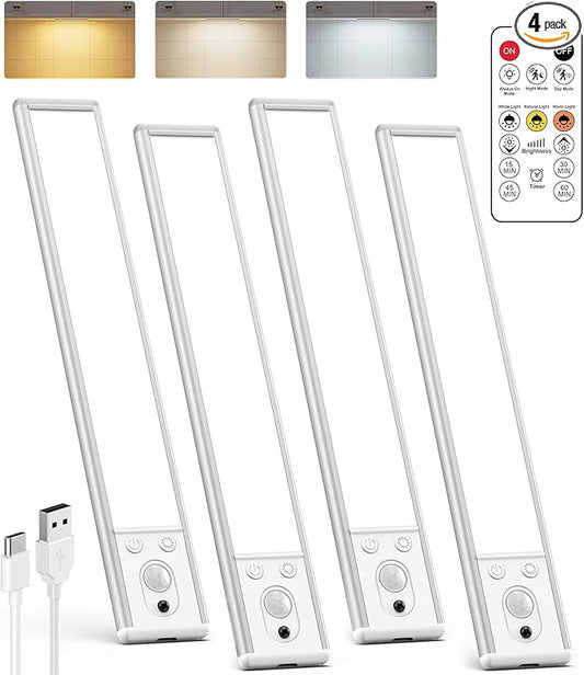 Under Cabinet Lighting Wireless, 2200mAh Rechargeable Motion Sensor Light Indoor, 3 Color Temps, Dimmable, Wireless LED Closet Lights Remote, Magnetic Under Counter Light for Kitchen, Pantry, 4 Pack