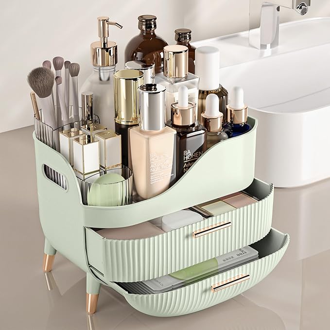 Makeup Organizer with Drawers, Green Skincare Organizer for Vanity