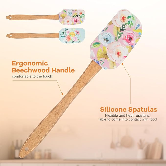 MAGICLULU 2Pcs Floral Silicone Spatula Set with Wooden Handle, Heat Resistant Rubber Scraper for Baking Cake Mixing, Non-Stick Kitchen Utensils for Cooking, Flower Pattern 11.8 Inch