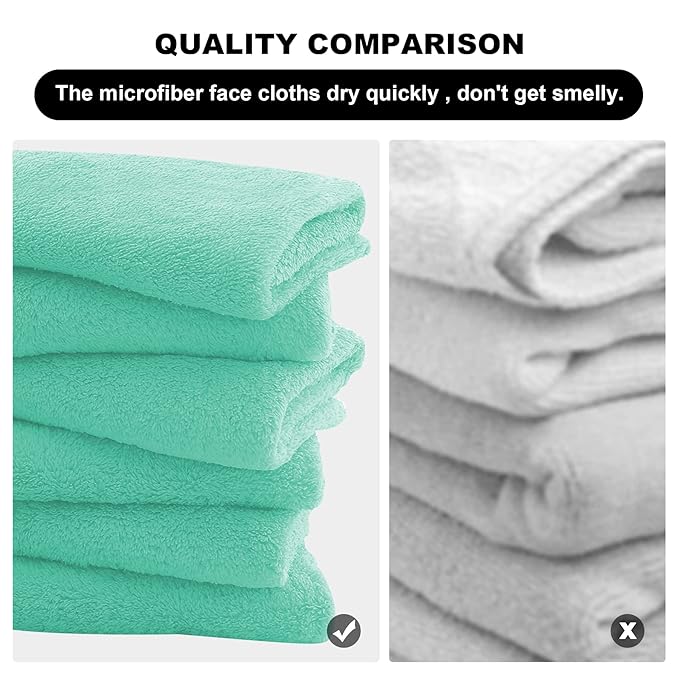MOONQUEEN Microfiber Facial Cloths Fast Drying Washcloth 12 Pack - Premium Soft Makeup Remover Cloths - Aqua Green