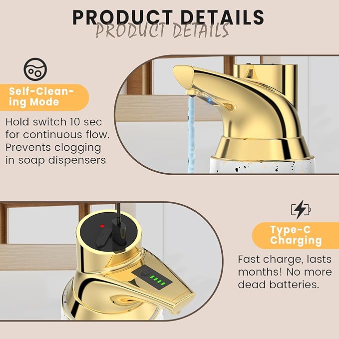 Automatic Liquid Soap Dispenser Touchless:350ML Ceramic Material -4 Level Adjustable Hand & Dish Electric Dispenser,Waterproof Type-c Rechargeable Auto Soap Pump for Bathroom,Kitchen