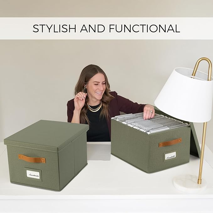 ZICOTO Decorative File Organizer Box Set of 2 - Collapsible Linen Filing Cabinets w/Handles Are Perfect to Store all Your Documents & Hanging File