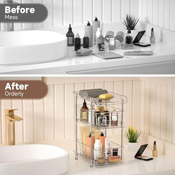 2Set 3 Tier Clear Bathroom Organizer with Dividers