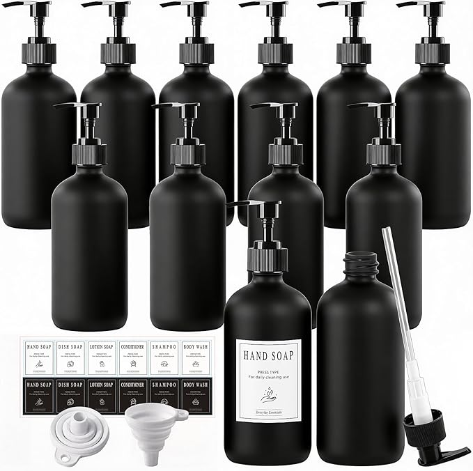 TBWIND 12 Pack 16oz Black Glass Soap Dispenser Bottles with Pumps, Refillable Glass Bottles for Shampoo, Conditioner & Lotion, Ideal for Bathroom, Kitchen, Waterproof Labels & Funnels Included