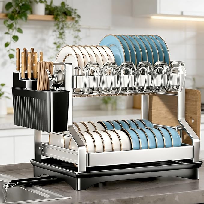 2Pcs Dish Drying Rack 2 Tiers, Stainless Steel Dish Drying Rack Stainless Steel Utensil Holder Large 2 Tier Dish Drainers for Kitchen Counter
