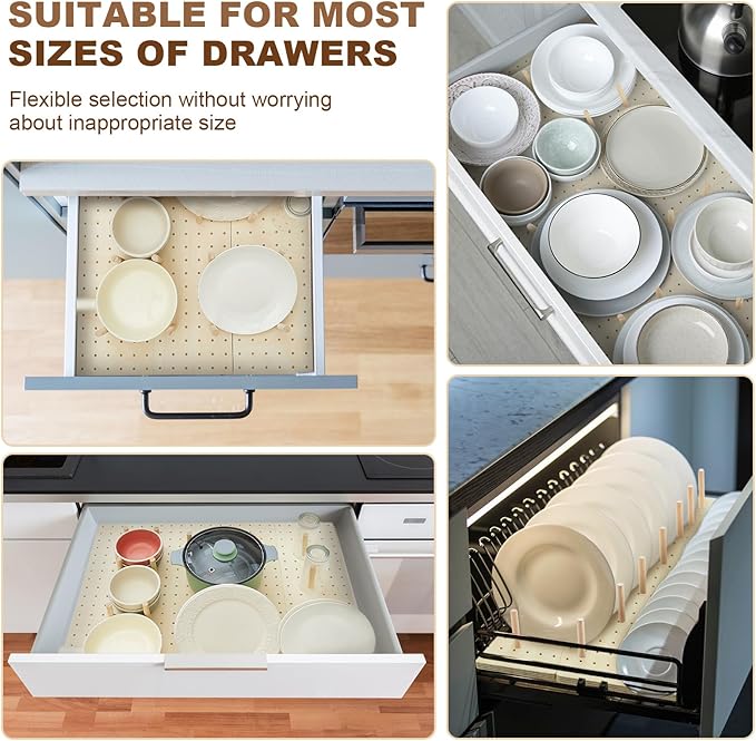 Kigley 3 Pcs Wood Pegboard Drawer Organizer - 32 Pegs, Adjustable for Dishes & Cookware