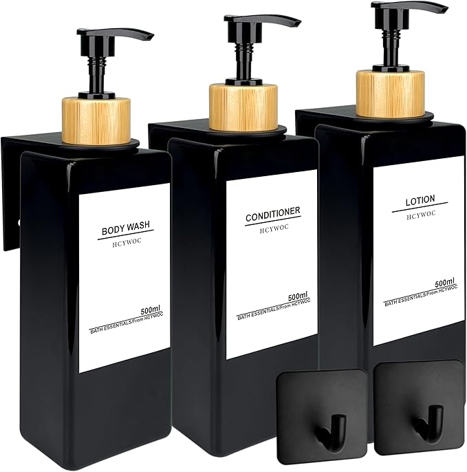 Shampoo Dispenser for Shower Wall, Shampoo and Conditioner Dispenser with 16 Waterproof Labels, No Drill Shower Soap Dispenser Bathroom, Shower Soap Dispenser Wall Mounted, 17oz, Bamboo(Black)