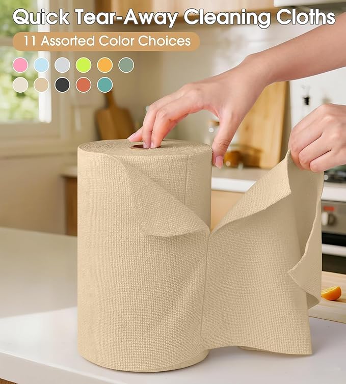 KitchLife Microfiber Cleaning Cloth Roll, 100 Pack - Tear-Away Microfiber Paper Towels, Lint-Free, Reusable, Washable for Kitchen, Car, Dishes, and Sensitive Surfaces (Wheat)
