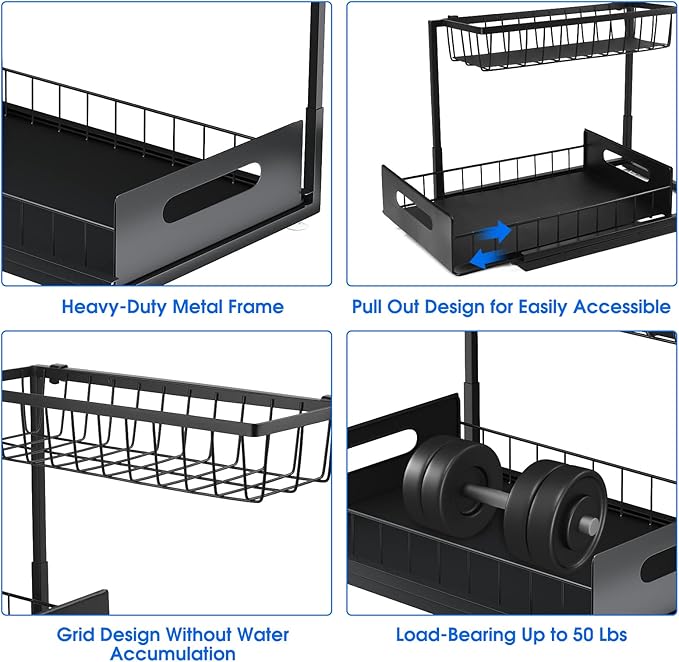 Under Sink Organizer, 2 Tier Pull-Out Cabinet Storage Shelf, 1 Pack Black