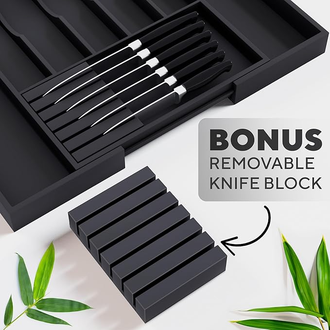 Premium Expandable Kitchen Drawer Organizer - 100% Bamboo Organizer Tray - Great for Silverware, Large Utensils, Flatware, Cutlery - 8 Compartments with Knife Block - Perfectly Fits Your Drawers