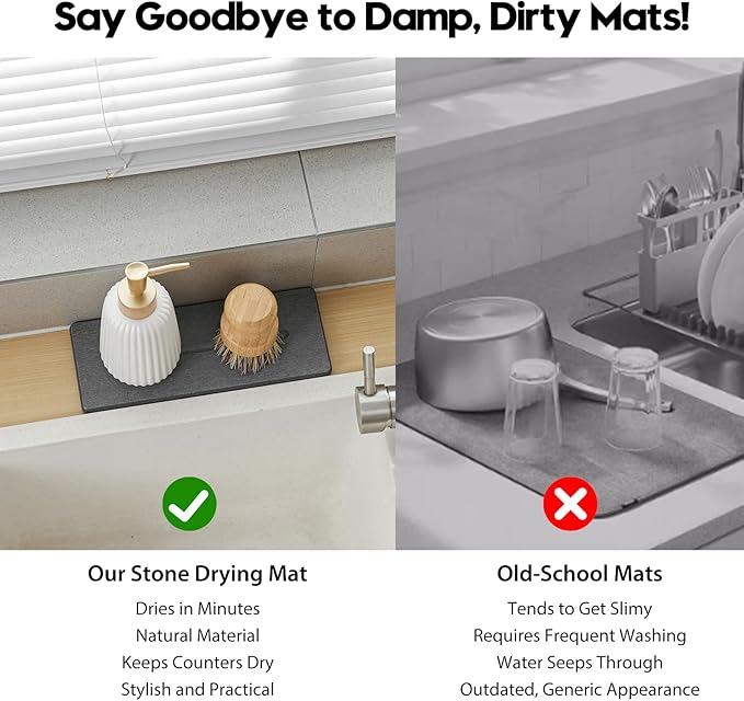 2 Pack Diatomite Stone Sink Tray, Water Absorbing Mat for Kitchen & Bathroom Counter, Quick Dry Soap Dish Makeup Vanity Caddy,Sponge Holder Organizer, Dark Gray - 2pcs of 9"x 3.5"