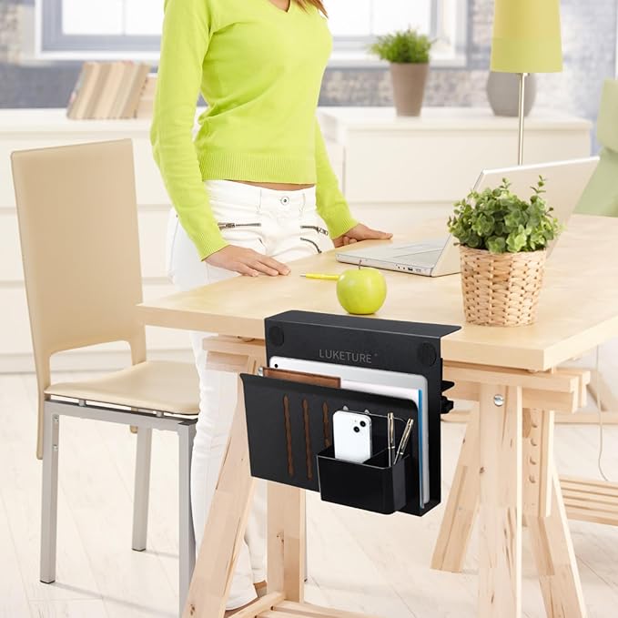 LUKETURE Desk Side Storage, Steel Side Desk Organizer, No Drill Laptop Holder, Clamp on Laptop Mount with Pen Holder, Table Hanging Storage for Home Office, Fits Flat Edge Tables 0.3" to 2.8"