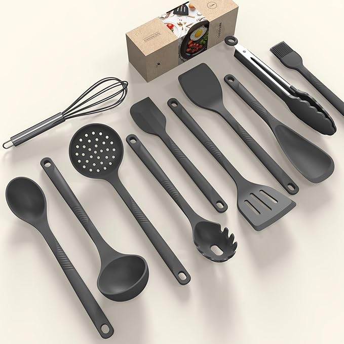 Silicone Cooking Utensils Set - 600°F Heat Resistant, Nonstick Kitchen Utensil Set with Spatulas, Spoons, Whisk, Tongs, BPA Free, Dishwasher Safe (Gray)