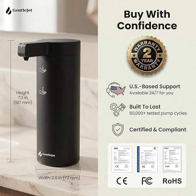 GentleJet SmoothDrop Automatic Liquid Soap Dispenser – Touchless, No-Drip Precision Pump, USB-C Rechargeable, 304 Stainless Steel, Waterproof Countertop Dispenser for Kitchen & Bathroom Sink, 270 ml