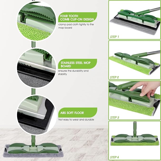 MASTERTOP Microfiber Mop - Flat Floor Mops Wet Dry Dust Mop with 4 Washable Pads & 52.4'' Stainless Steel Handle for Hardwood Laminate Tile Floor Cleaning