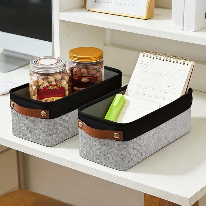Bagnizer Small Fabric Storage Baskets, 15x6x5 inch Narrow Storage Bins 4-Pack Long Storage Basket for Organizing with Handles