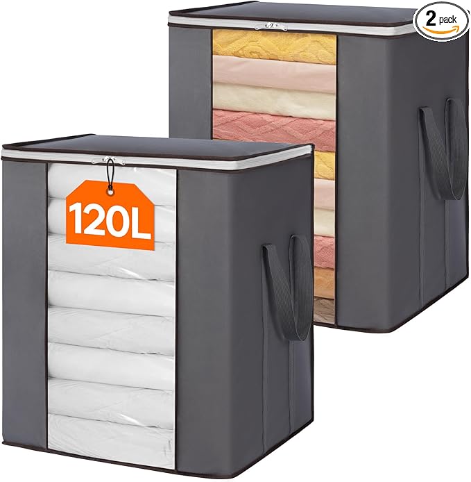 120L Extra Large Blanket Storage Bags, Storage Bin with Lids 2 Pack