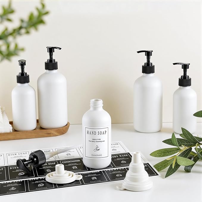 TBWIND 12 Pack 8oz White Glass Soap Dispenser Bottles with Pumps, Refillable Glass Bottles for Shampoo, Conditioner & Lotion, Ideal for Bathroom, Kitchen, Waterproof Labels & Funnels Included