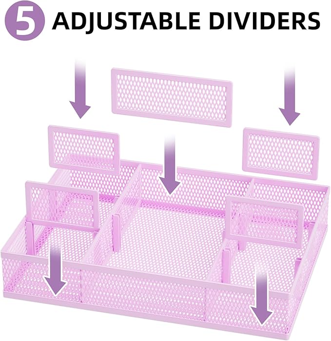 Marbrasse 2 Pack Desk Drawer Organizer, Mesh Drawer Organizer Tray with 8 Adjustable Compartments, Desk Organizers and Accessories, 5 Dividers Drawer for Office Supplies, Makeup & Vanity (Purple)