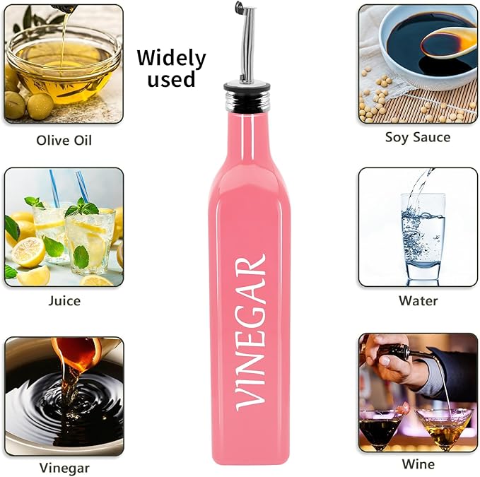 1 Pc 17oz Olive Dispenser Bottle,500ml Glass Oil and Vinegar Dispenser Set with 1 Stainless Steel Pourers,Funnel Bottles for Kitchen (Pink Vinegar)