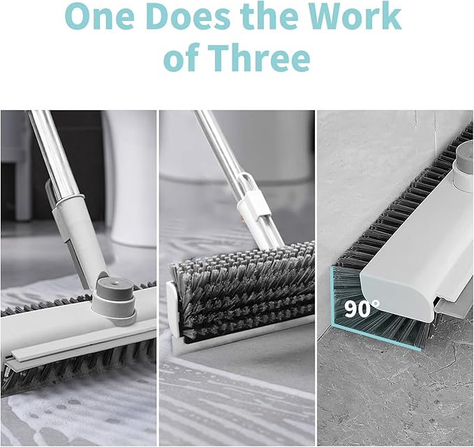 Floor Scrub Brush with Long Handle, 3 in 1 Scrape and Heavy-Duty Stiff Bristle Scrubber Brush for Cleaning Shower Bathroom, Patio, Garage, Kitchen