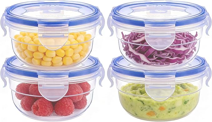 KIGI Small Plastic Bowls with Lid, Leak Proof Round Food Storage Container Set for Meal Prep, Lunch & Soup, 4 Sided Locking Lid, Airtight