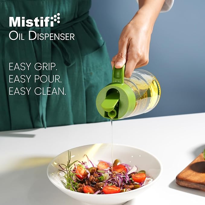 Mistifi 600ml Oil & Vinegar Dispenser Bottle, Glass Cruet with Automatic Lid, Drip-Free Spout for Cooking, Salad, Soy Sauce (Oil spray set Green)