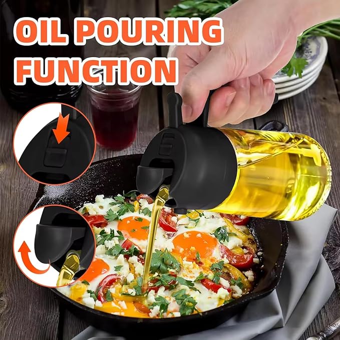 oil sprayer 16oz Glass Olive Oil Sprayer for Cooking – 2 in 1 Olive Oil Dispenser Bottle for Kitchen Gadgets and Air Fryer Accessories, Salad, BBQ - Black